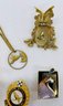 Gold Tone Parrot Pin, Hummingbird Necklace, Parakeet Netball Club Pin, Owl Pin, Exotic Bird Pin