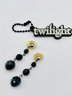 Vintage Metal Cuff Bracelet. Rubber Twilight Keychain. Black Pierced Earrings. Goldtone Digital Ladies Watch.