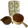 Red Wing Pottery Provincial Ware Bean Pot, Rooster Serving Tray( 9x12),  And Pottery Gravy Dish 7x5x2