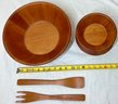 Rubber Wood Mixing Bowl, Set Of 4 Rubber Wood Bowls, And Wooden Spatula And Salad Fork