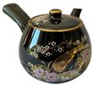 1980's Somayaki Japanese Tea Pot Sake Black & Gold Floral Art Scene With Lid And 4 Cups - 7x6x3.5
