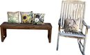 Wooden Rocking Chair & Bench (both Show Wear, But Are Sturdy) & 4 Outdoor Pillows.