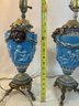2 Antique Blue Lamps With Goats And Cherubs, Untested