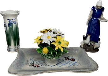 Bing And Grondahl Feeding Chicken Porcelain Figurine, Ceramic Flower Pot, Ceramic Vase, And Ceramic Platter