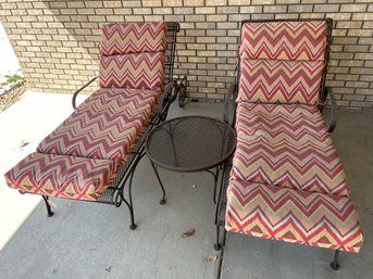 Set Of Outdoor Lounge Chairs (72x31x22) With Cushions & Table(24in Diameter, 18in Tall). One Wheel Is Unstable