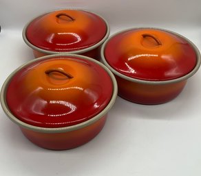 Trio Of Vintage Orange Ombre Enamel Dutch Ovens