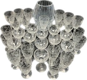 Botanical Etched Glasses And Large Glass Vase (32 Total)