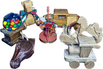 Old-fashioned Wood Toys Including Wood Stick-horse, Bubble Gum Machine, Carousel, And More