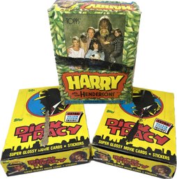 3 BOXES - Harry Ans The Hendersons Cards, Stickers, And Stickers And Dick Tracy Super Glossy Movie Cards