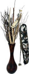 African Wooden Shield And Spear (35in), Floor Wooden Vase With Grass (45in), Brass Figurines