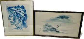 Water Color Woman Painting Signed By Artist And Bird Water Color Painting Signed By Artist