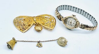 1943 Collar Pin, Initials BB, Bow Brooch, Vintage Ladies Watch, Untested - Reston, 17 Jewels. Goldtones