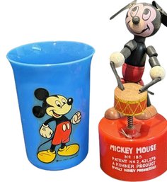 1950s Mickey Mouse KOHNER No.185 Push Toy And Mickey Mouse Blue Plastic Tumbler Cup