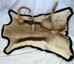 African Deer Pelt, Gourd Shakers, And Ulu Knife With Bone Stand