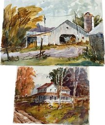 Pair Of Original Farm Themed Watercolors Signed By Artist Jim Mereil (22x15 & 15x11)