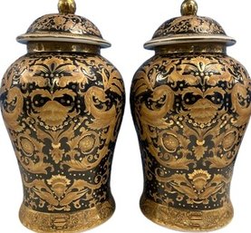 Pair Of Urns By Oriental Affent - 10Wx17.5L