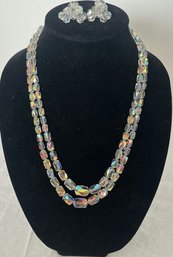 Sparkly Iridescent Glass Bead Necklace & Clip Earrings