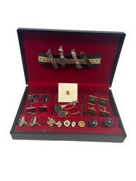 Collection Of Tie Clips, Cuff Links, Pins & Clover Charm With Lined Storage Box (8x5.1.5)