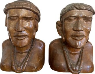Pair Of Native American Wooden Head Statues 7 Tall