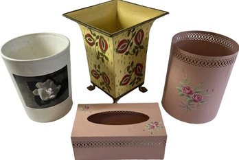 Small Floral Design Trash Cans And Tissue Holder.