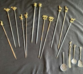 Meat Skeewers 10.5. For Rabbit, Fish, Chicken, Beef, Pork, Goat And Lamb. Brass Accents. 4 Pieces Collectors