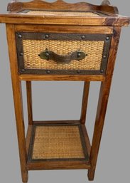 Ornate Wooden End Table With Woven Accents- 15.5Wx13.5Dx33T