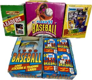 5 BOXES -1990 Baseball Logo Stickers & Trading, Fleer 1991 Baseball Trading Cards, Topps Major League Leaders