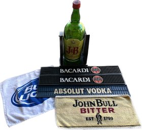 J&B Rare Scotch Collectors Gallon (empty), Small Beer Towels, & Thin Bar Mats