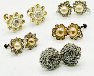 Vintage Clip Earrings, Silvertone, Faux Pearls, Gemstones