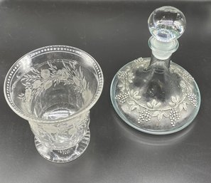 Glass Etched Vase. Decanter With Lead Detail Of Grapes And Leaves.