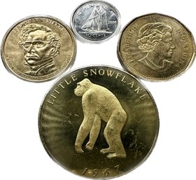 1967 Little Snowflake White Gorilla Coin, Franklin Pierce Dollar Coin, 2010 Canadian Dollar, 2006 Ten Cents