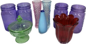 Colored Glass Vases And Decorative Bowl