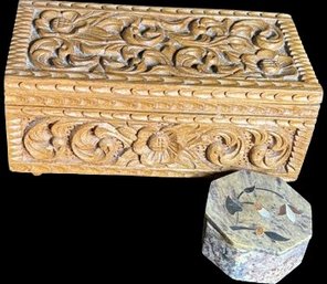 Ornate Wood Box And Stone Box