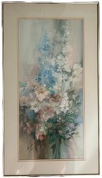 Delphinium & Roses Original Watercolor Artwork, Framed And Signed - 18x32