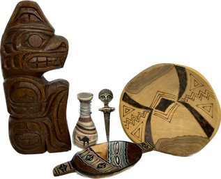 Decorated Wood Bowl, Camel Sand Art, Carved Wood Animal Statue, And Brass Letter Opener