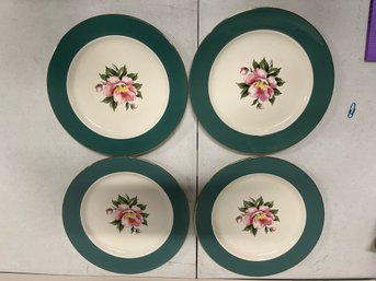 Plates With Pink Rose Center, Teal Trim & Gold Colored Edge