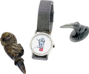 Owl Watch, Urchin Stone Carving, Pewter Pelican Figurine