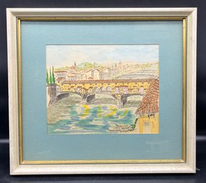 Grazia Carti Framed Water Color Painting, Via Caro 11 By Fierenze, Florence-the Old Bridge (14in X 15.5in)