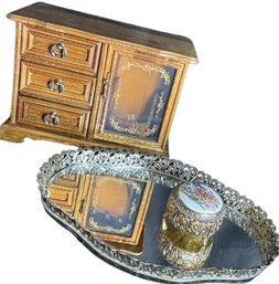 Mirrored Tray, Music Box And Jewelry Box