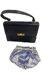 Navy Leather Handbag (unbranded, 10x7x7) And Asian Cinch Bag