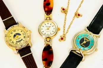 Vintage Ladies Watches, Untested-nelsonic, Britannia, Corsage. Goldtone With Red Gemstones Necklace
