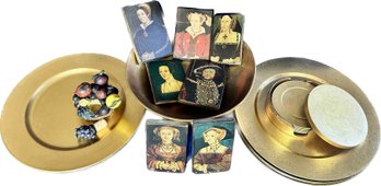 King Henry And Wives Wood Decor From Kent, Gold-colored Decorative Plates & Bowl & Coasters