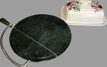 Stone Cheese Tray/Cutter, Rose Dish With Lid 5.5x7.5