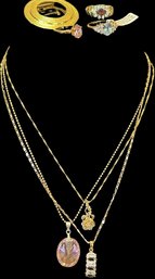 3 Gold Tone Necklaces, 3 Rings And Pin