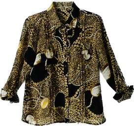 Animal Print Polyester Ladies Blouse. Two Front Pockets. Roll Ups Leaves.