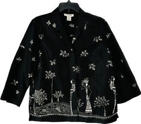Easy Spirit, Ladies Silk And Linen Collar Blouse, Size Medium, Black Background With White Flowers And Figures