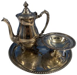 Silver Platter, Teapot And Dishes