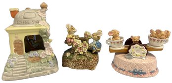 3 Pieces, Mice Porcelain Figurines And Music Box