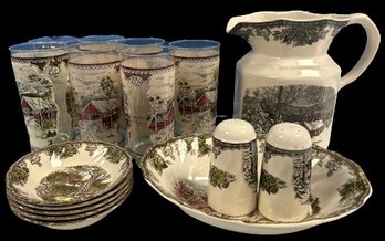 Friendly Village Glasses, Pitcher, Sauce Dishes, Large Dish And Shakers
