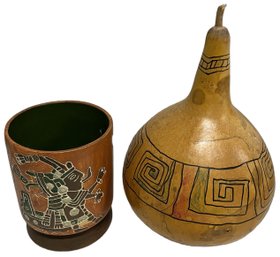 Wooden Painted Pot, Painted Gourd - 7' And 12'